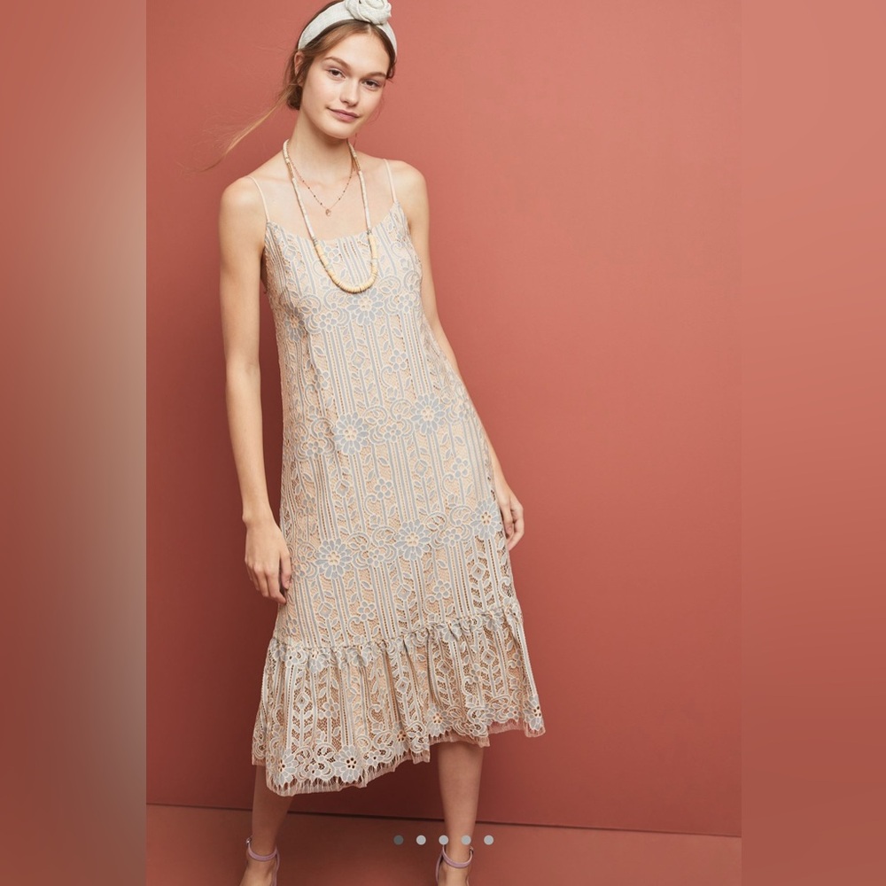 Anthropologie Beige Lace Midi Dress with Ivory Details